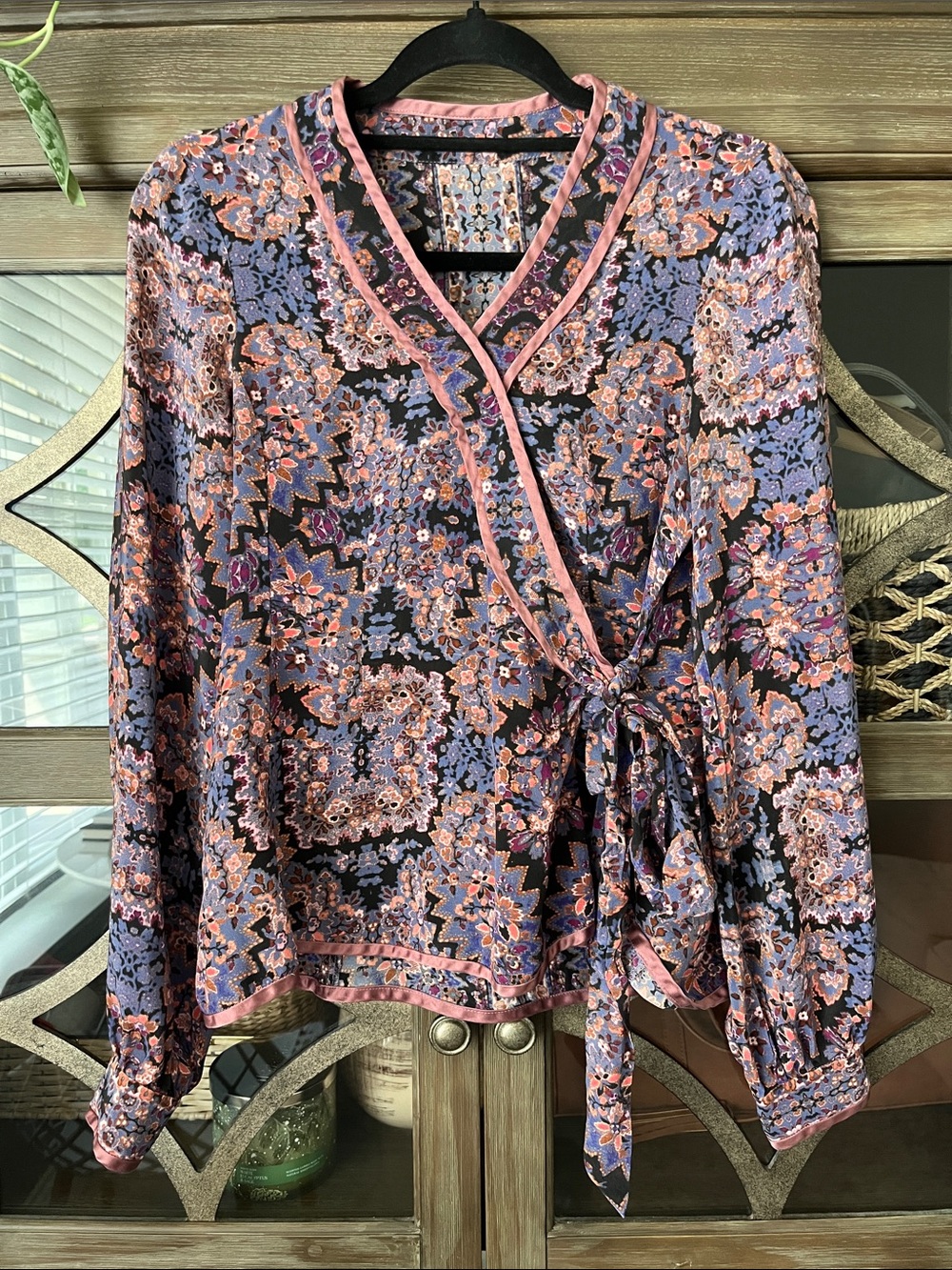 Nanette Lepore 100% Silk Lavender and Pink Floral Wrap Blouse